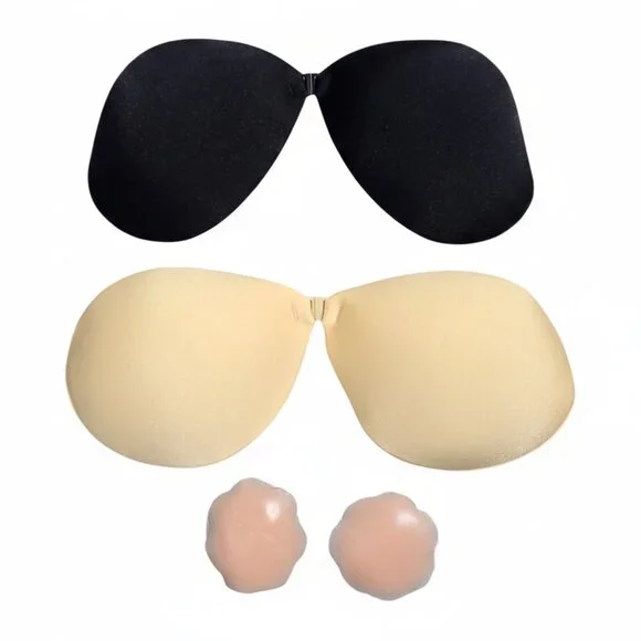 NIB | Niidor 2-Pair Adhesive Push-Up Sticky Bra Set | Black & Nude | D - Picture 2 of 4